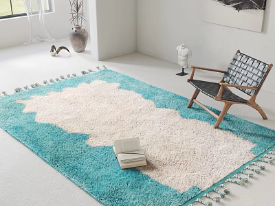 Modern Leisure Chair with Wooden Frame Woven Checkered Seat and Blue White Tassel Rug 3d model