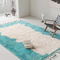 Modern Leisure Chair with Wooden Frame Woven Checkered Seat and Blue White Tassel Rug