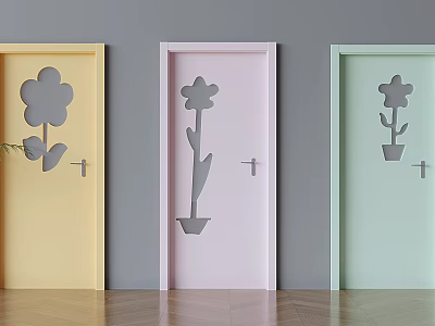 Colorful Flush Doors Showcasing Flower Cutout Designs in Yellow Pink and Light Green 3d model
