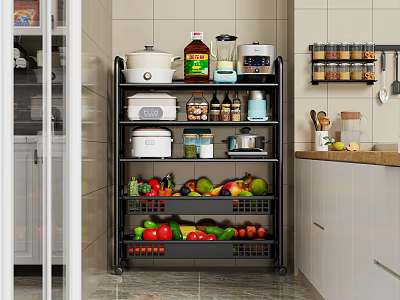 Multi Tier Kitchen Storage Rack In Modern Kitchen Organizing Supplies Fruits Vegetables 3d model