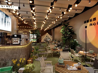 Modern Restaurant Interior Design With Green Plants Tables And Ambient Lighting 3d model