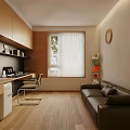 Modern Study Room Interior With Wooden Desk Laptop Wicker Chair And Stationery
