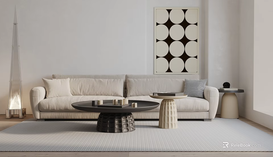 Light Colored Double Sofa In Living Room With Geometric Wall Art And Coffee Table 3d model 