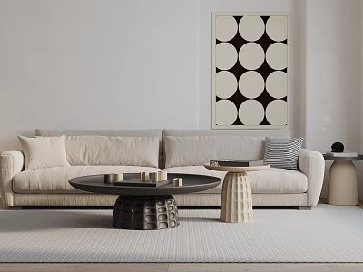 Light Colored Double Sofa In Living Room With Geometric Wall Art And Coffee Table 3d model