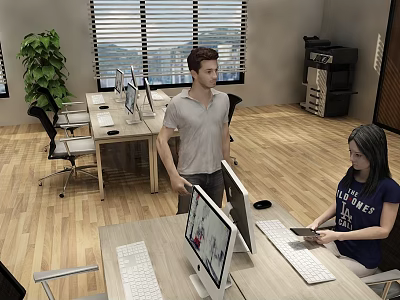 Public Office Space with Desks Computers Green Plant Window Blinds and Workers 3d model
