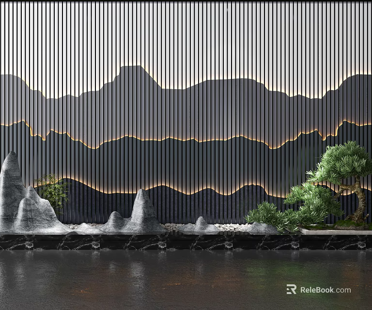 Modern Feature Wall With Vertical Slats Mountain Silhouette Warm Lighting Water Feature And Green Plants 3d model 