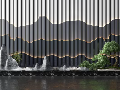 Modern Feature Wall With Vertical Slats Mountain Silhouette Warm Lighting Water Feature And Green Plants 3d model