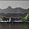 Modern Feature Wall With Vertical Slats Mountain Silhouette Warm Lighting Water Feature And Green Plants
