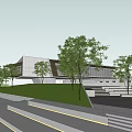 Modern Sales Office Building Exterior With Waterfront Lawn Trees And Steps
