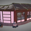 Cartoon Chinese Architectural Scene With Pavilion Tile Roof Bamboo Stone Steps And Windows