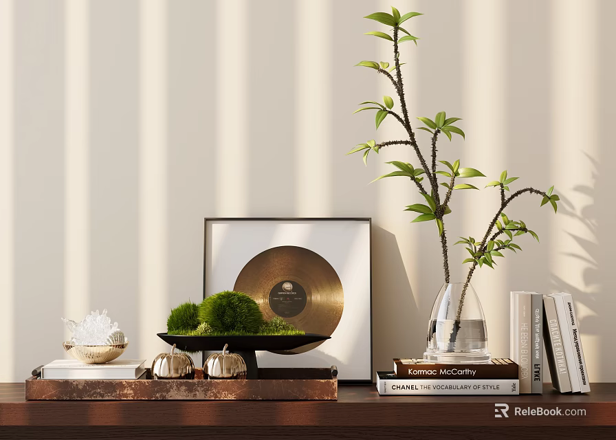 Decorative Ornament Set With Golden Record Frame Glass Vase Green Plant Branches And Books 3d model 