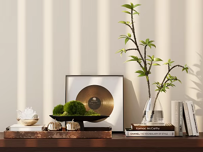 Decorative Ornament Set With Golden Record Frame Glass Vase Green Plant Branches And Books 3d model