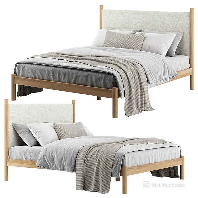 Single Bed With Wooden Frame Upholstered Headboard And Bedding 3d model 