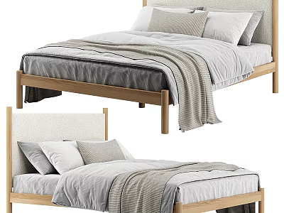 Single Bed With Wooden Frame Upholstered Headboard And Bedding 3d model