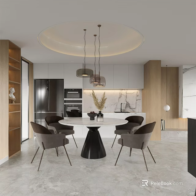 Modern Restaurant Interior Design With Round Table Black Chairs And Pendant Lights 3d model 