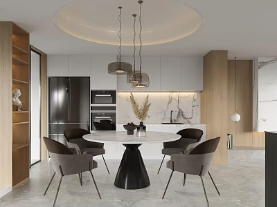 Modern Restaurant Interior Design With Round Table Black Chairs And Pendant Lights 3d model