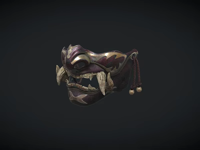 Traditional Japanese Fanged Mask with Purple Gold Pattern and Tassel Details 3d model