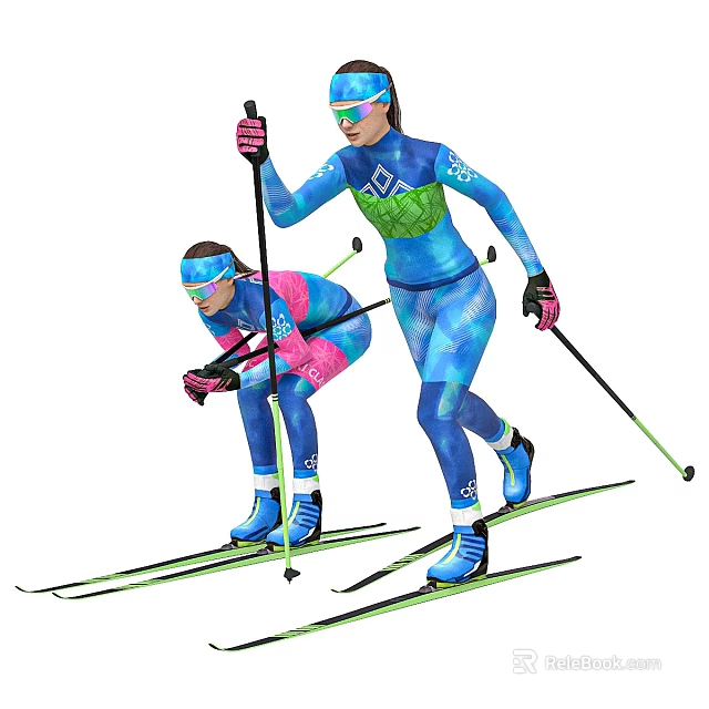 Two People Skiing In Colorful Ski Suits With Poles And Skis 3d model 