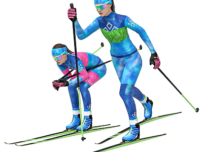 Two People Skiing In Colorful Ski Suits With Poles And Skis 3d model