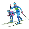 Two People Skiing In Colorful Ski Suits With Poles And Skis