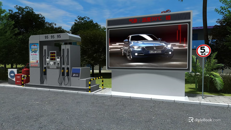 4S Car Dealership Outdoor Digital Billboard Displaying New Car Near Fuel Station And Green Trees 3d model 