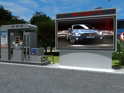 4S Car Dealership Outdoor Digital Billboard Displaying New Car Near Fuel Station And Green Trees 3d model