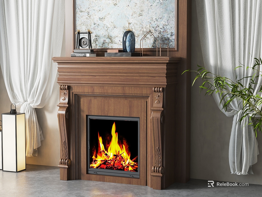 Ornate Wooden Fireplace With Decorative Items Burning Flames Red Embers White Curtains And Green Plant 3d model 