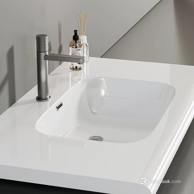 White Bathroom Wash Basin with Silver Faucet and Toiletries on Countertop 3d model 
