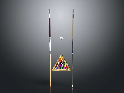 Two Billiard Cue Sticks With Triangle Rack And Colorful Balls Setup 3d model