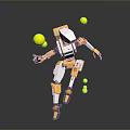 Game Movie Character Orange White Robot Juggling Multiple Yellow Balls In Dynamic Pose
