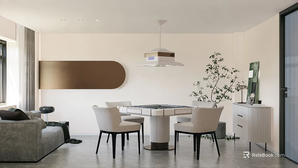 Modern Entertainment Room Interior With Round Table Chairs Sofa And Decorative Plant 3d model 