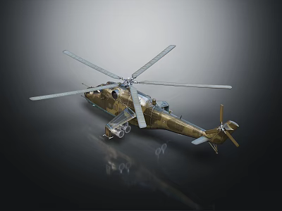 Detailed Military Camouflage Helicopter With Rotors Weapons And Reflective Surface On Dark Background 3d model