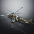 Detailed Military Camouflage Helicopter With Rotors Weapons And Reflective Surface On Dark Background