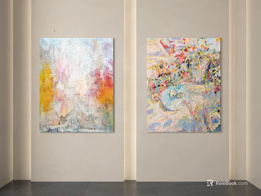 Two Abstract Paintings Hanging On White Wall With Vibrant Colorful Patterns 3d model 