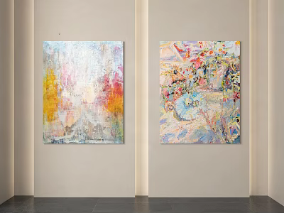 Two Abstract Paintings Hanging On White Wall With Vibrant Colorful Patterns 3d model