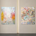 Two Abstract Paintings Hanging On White Wall With Vibrant Colorful Patterns