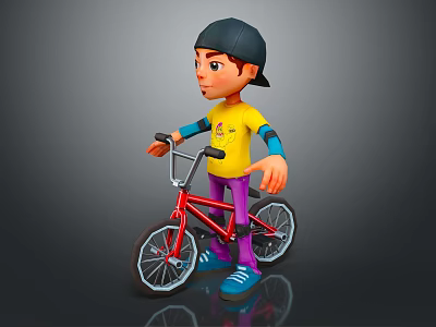 Boy Wearing Black Cap Yellow T-shirt Purple Pants And Blue Shoes Riding Red BMX Bicycle 3d model