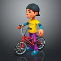 Boy Wearing Black Cap Yellow T-shirt Purple Pants And Blue Shoes Riding Red BMX Bicycle