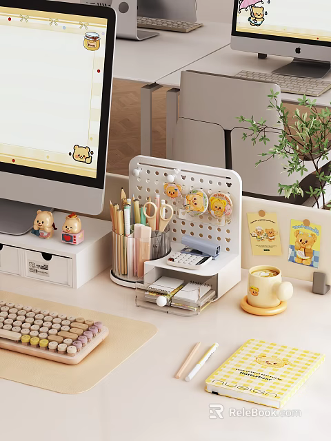 Cute Work Desk with Cartoon Decorations Organizer Colorful Pens Scissors Yellow Cup and Green Plant 3d model 