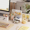 Cute Work Desk with Cartoon Decorations Organizer Colorful Pens Scissors Yellow Cup and Green Plant