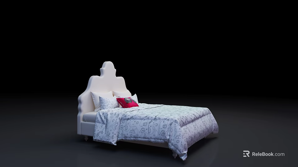 White Double Bed with Unique Headboard Design and Patterned Quilt and Red Accent Pillows 3d model 