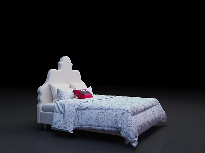 White Double Bed with Unique Headboard Design and Patterned Quilt and Red Accent Pillows 3d model