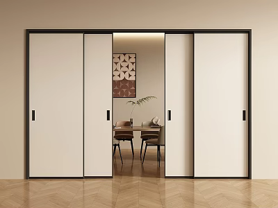Modern White Sliding Doors With Black Frame In Elegant Dining Room Interior 3d model