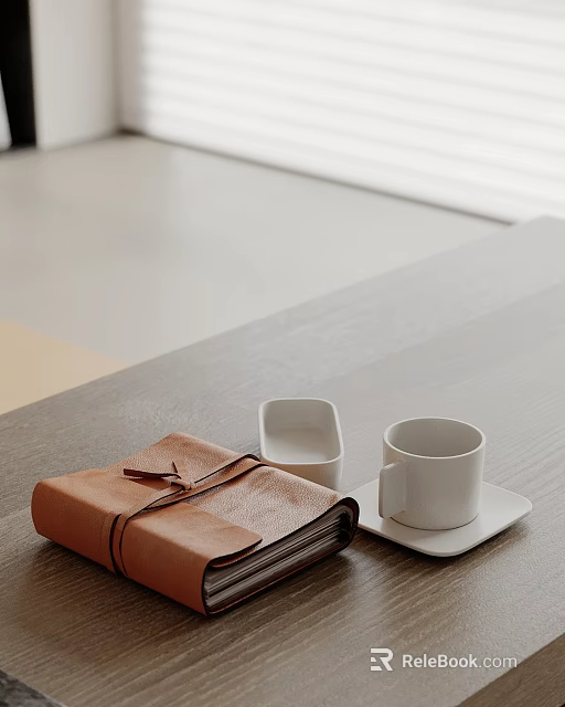 Decorative Ornament Set with Leather Notebook White Cup Saucer Small White Container on Wooden Tabletop 3d model 