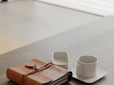 Decorative Ornament Set with Leather Notebook White Cup Saucer Small White Container on Wooden Tabletop 3d model