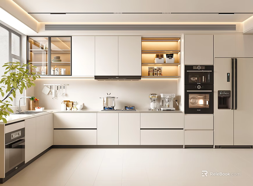 Modern Kitchen Design Featuring White Cabinets Glass Door Shelves Lighting Appliances and Potted Plant 3d model 