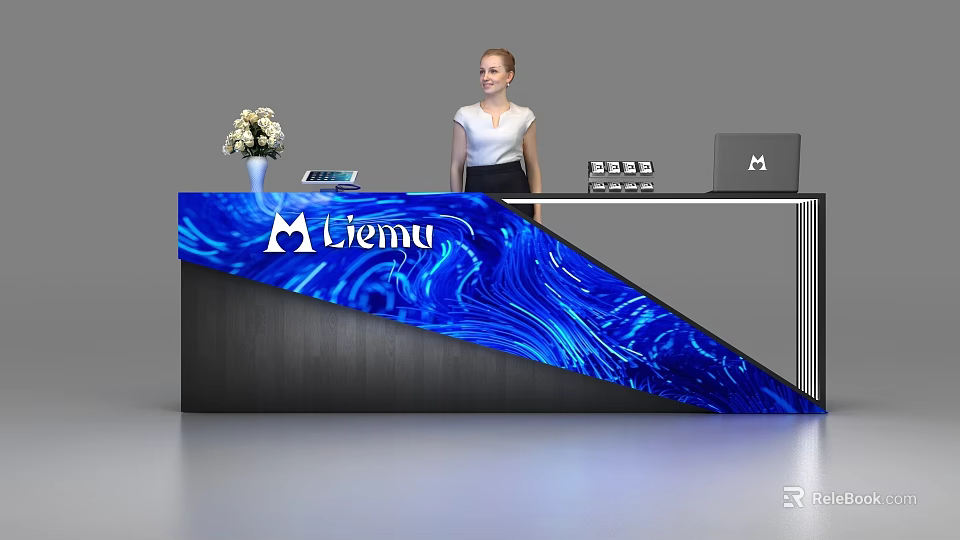 Modern Liemu Reception Desk With Blue Wavy Pattern Black Frame Vase Tablet And Laptop 3d model 