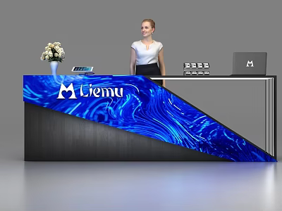 Modern Liemu Reception Desk With Blue Wavy Pattern Black Frame Vase Tablet And Laptop 3d model