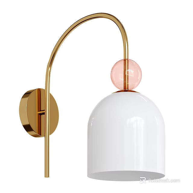 Modern Wall Lamp with Golden Curved Arm Pink Sphere and White Lampshade 3d model 