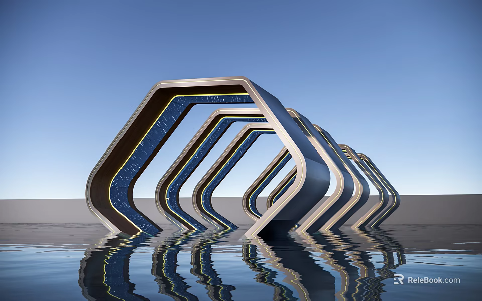 Modern Geometric Pergola Structure With Curved Metal Frame And Water Reflection 3d model 